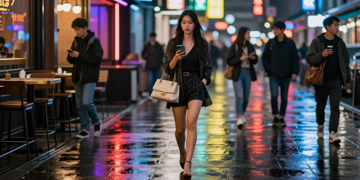 Khung cảnh gái gọi tự tin dạo phố trong ánh đèn neon, tạo không khí sôi động và hiện đại.