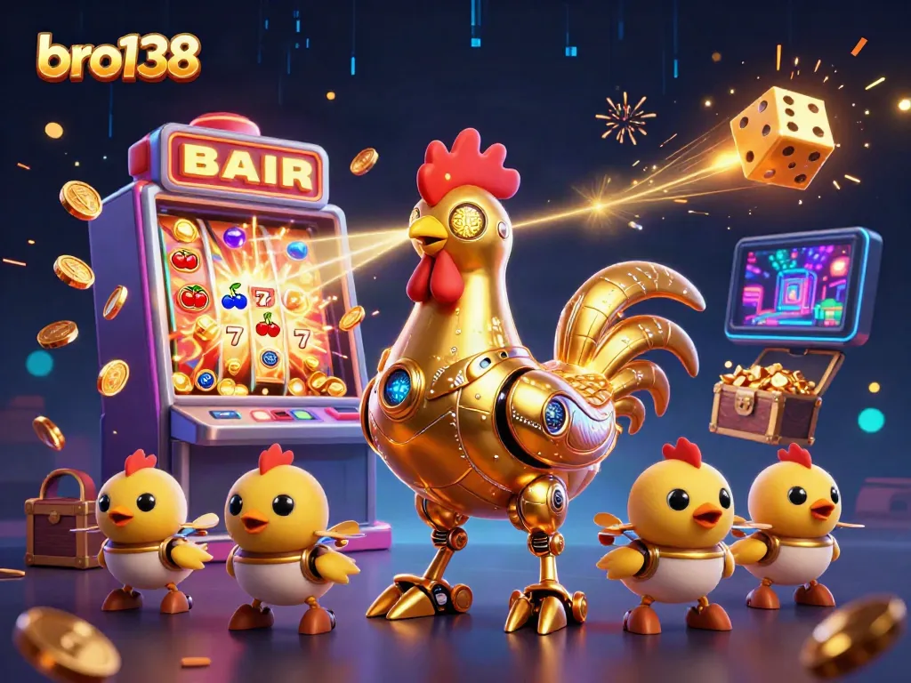 Engage with bro138's dynamic casino adventure featuring a golden rooster robot and vivid slot machine explosions.