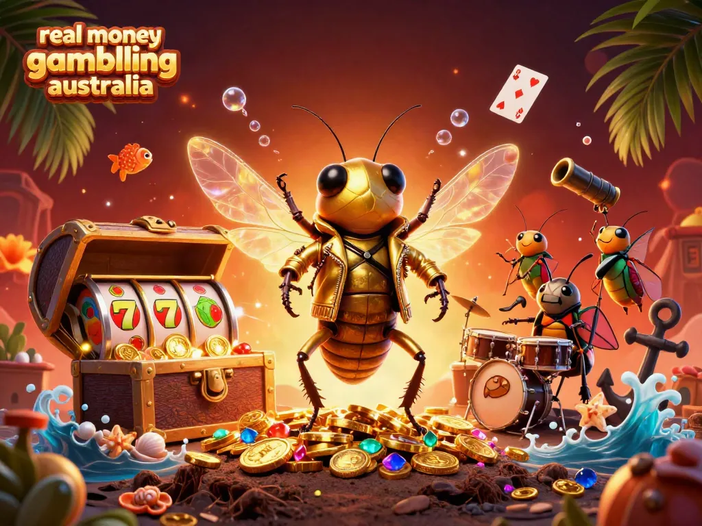 Engaging scene of a cicada rock star amidst gold coins and vibrant slot machines, showcasing real money online gambling in Australia.