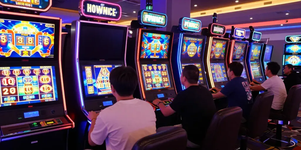 Engaged players at slot gaming stations showcasing vibrant screens and digital wallets.