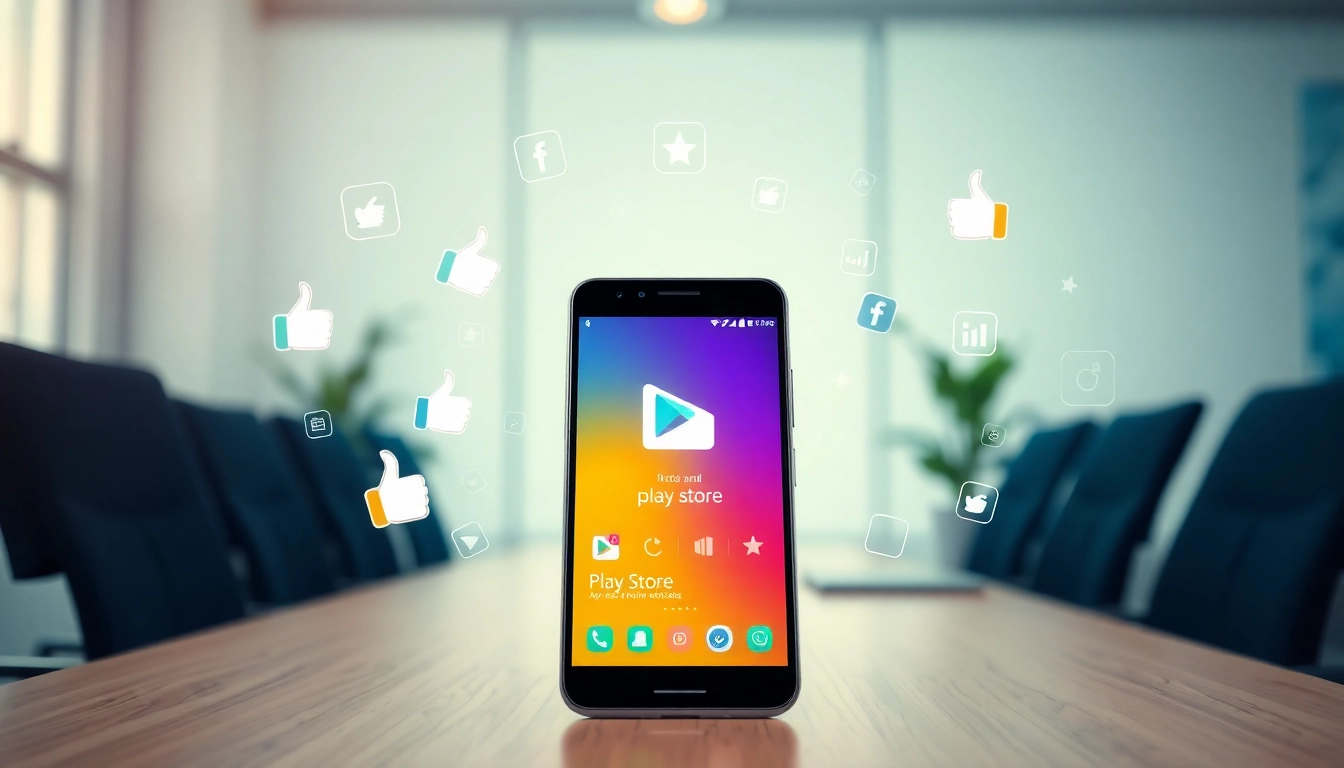 Showcasing the most downloaded app on play store with a smartphone interface surrounded by interaction symbols.