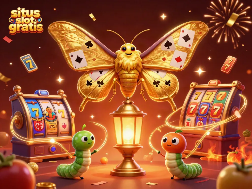 Experience the thrill of situs slot gratis with a vividly illustrated casino scene featuring an atlas moth and lush game elements.