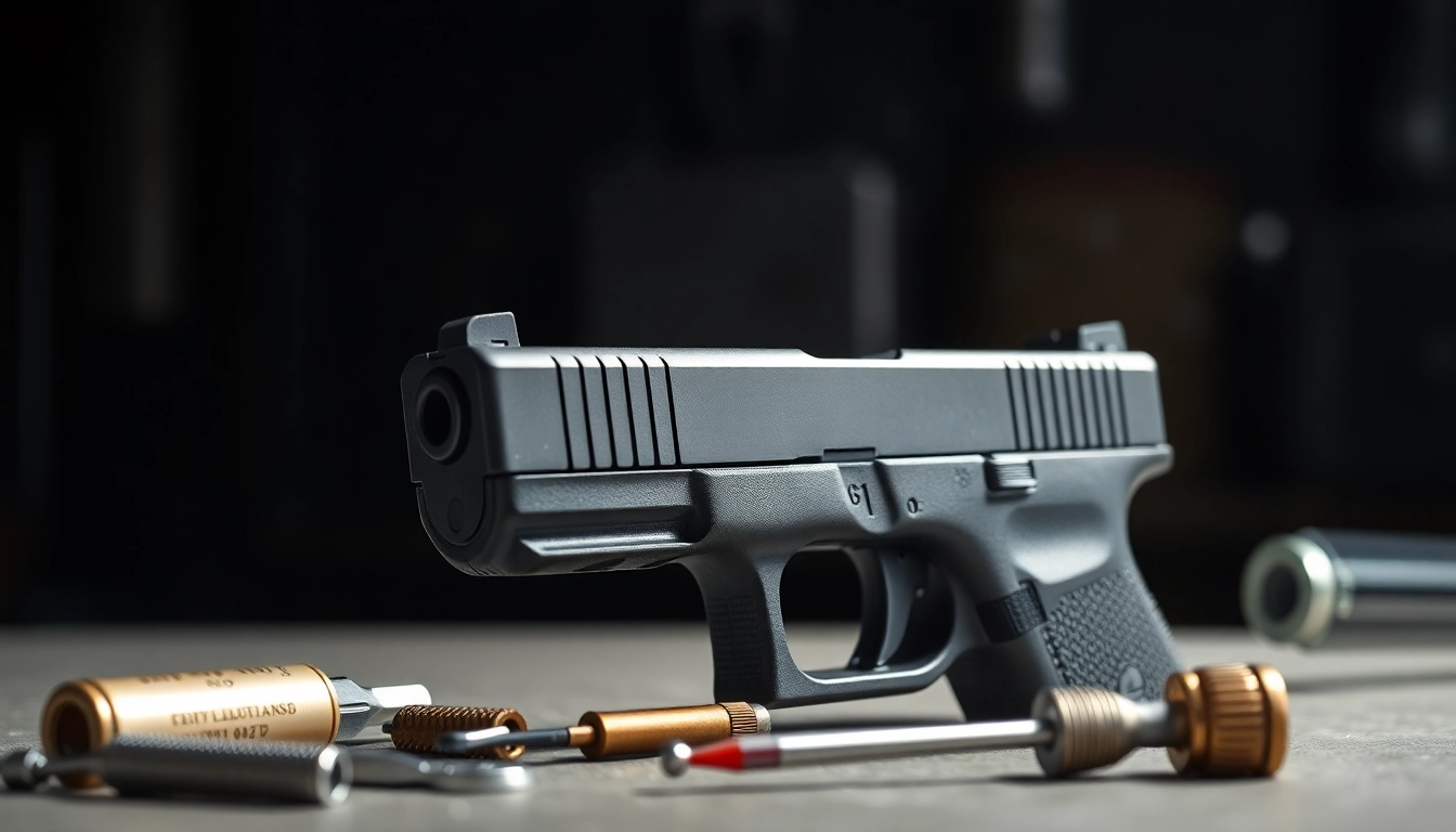 Showcasing glock 17 slides with intricate details against an industrial backdrop.