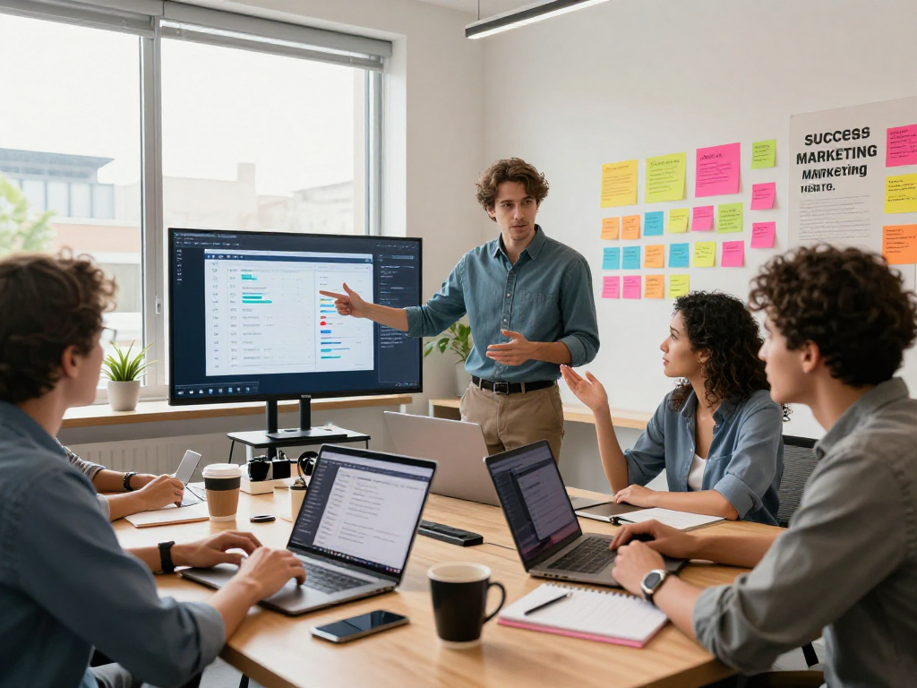 Buy app install services in a dynamic marketing team meeting discussing strategies for app success.