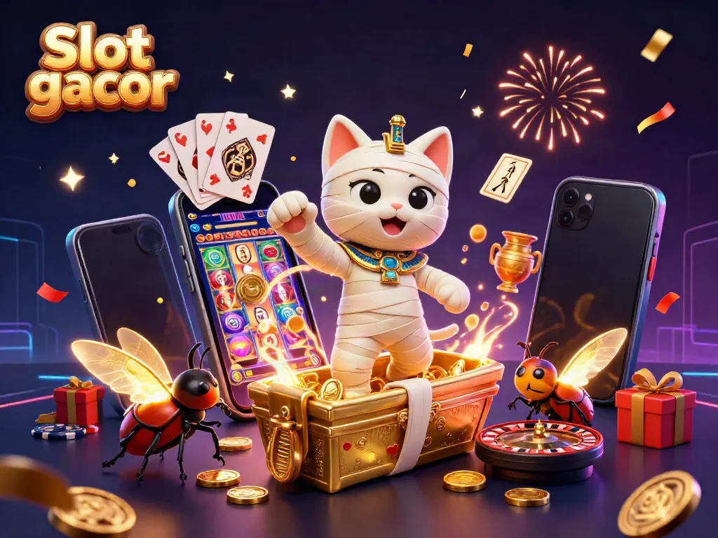 Experience thrilling Slot gacor adventures with a charismatic mummy cat and golden coins erupting in vibrant casino art.
