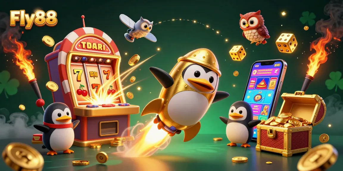 Experience the excitement of Fly88 with a golden penguin racing towards a jackpot at a space-themed casino.