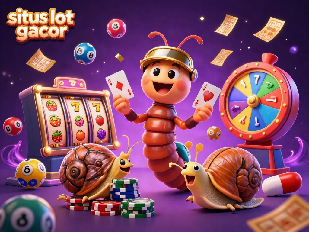 Experience situs slot gacor with a vibrant 3D illustration of lively casino characters surrounded by slots and colorful lottery elements.