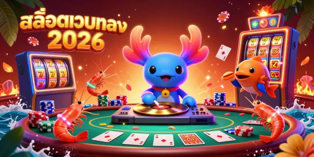 Engage with สล็อตเว็บตรง 2026 through a vibrant, festive illustration showcasing a neon-colored axolotl DJ and lively shrimp in a dynamic casino setting.