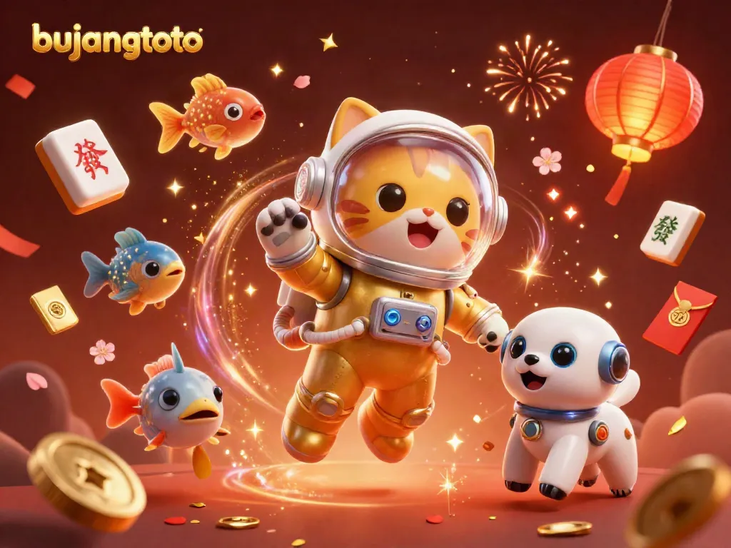 Engage with bujangtoto in a captivating space-themed online gaming scene filled with vibrant casino elements.