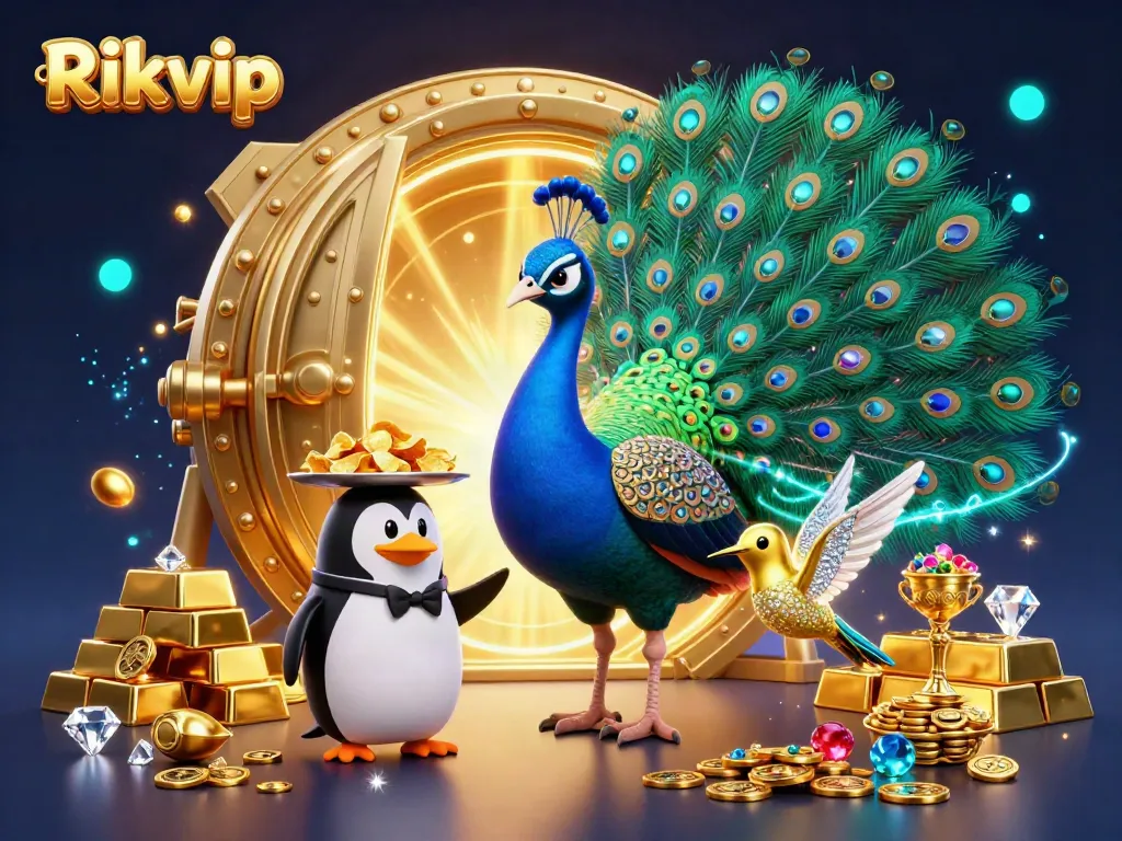 Engage with the vibrant Rikvip casino experience in a colorful 3D scene featuring a peacock and penguin.
