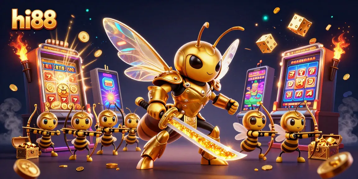 Engage in exciting games at hi88, featuring a dynamic casino scene with vibrant characters and slot machines.