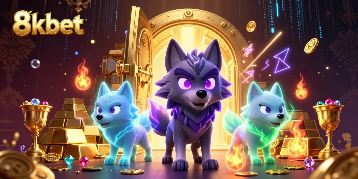 Win big with 8kbet in a vibrant casino scene featuring wolves and treasure.